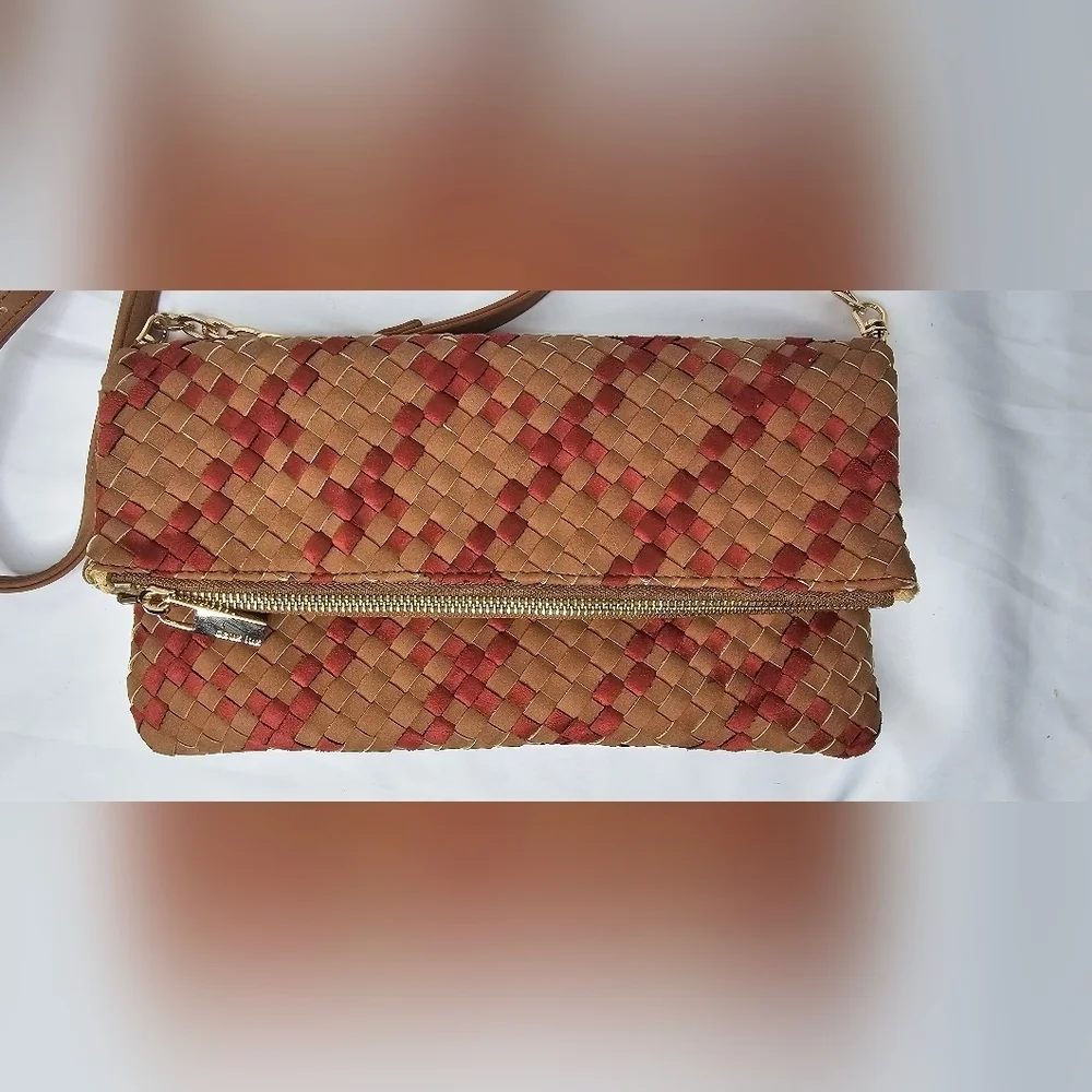 ​Deux Lux Woven Foldover Crossbody Bag Brown Burgundy Weave Chain Strap Clutch